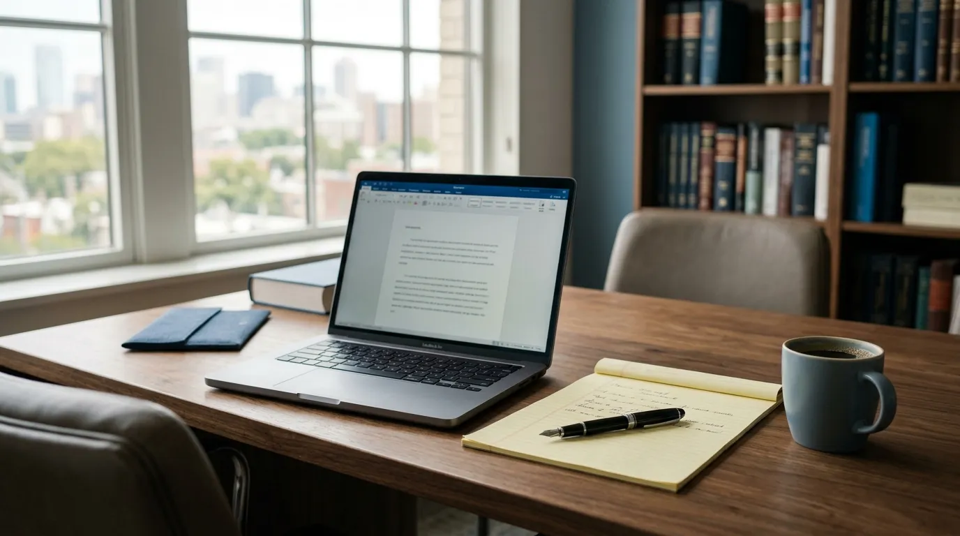 Laptop with a document draft, a legal pad and a coffee cup on a law office desk by a window