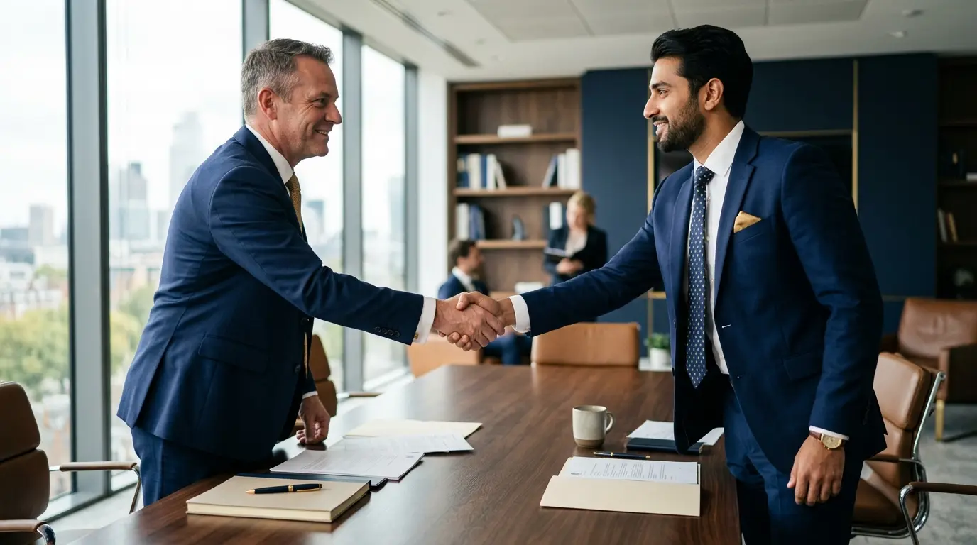 Two attorneys shaking hands across a conference table in a law office
