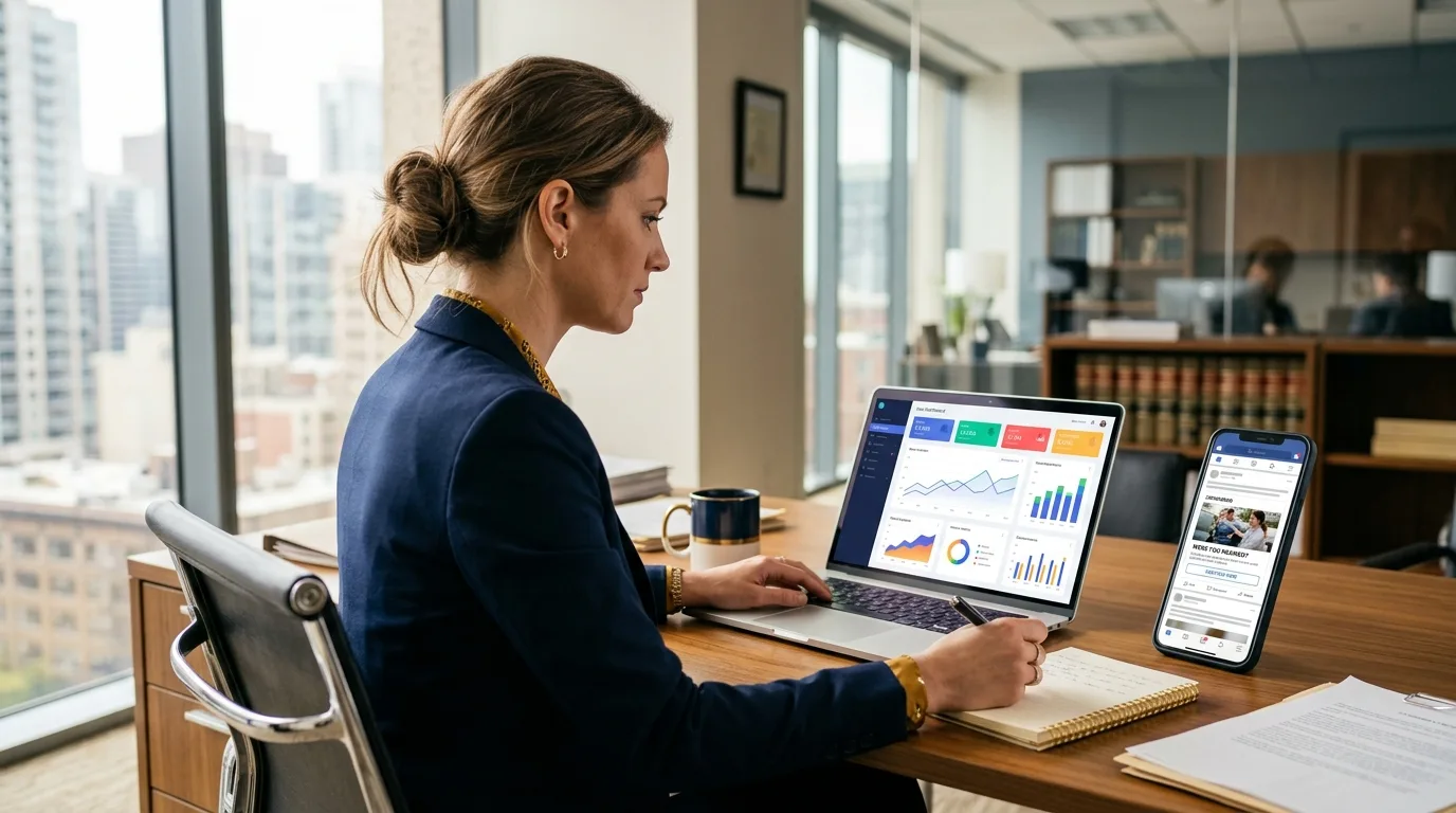 Attorney reviewing a social media ad campaign on a laptop and phone