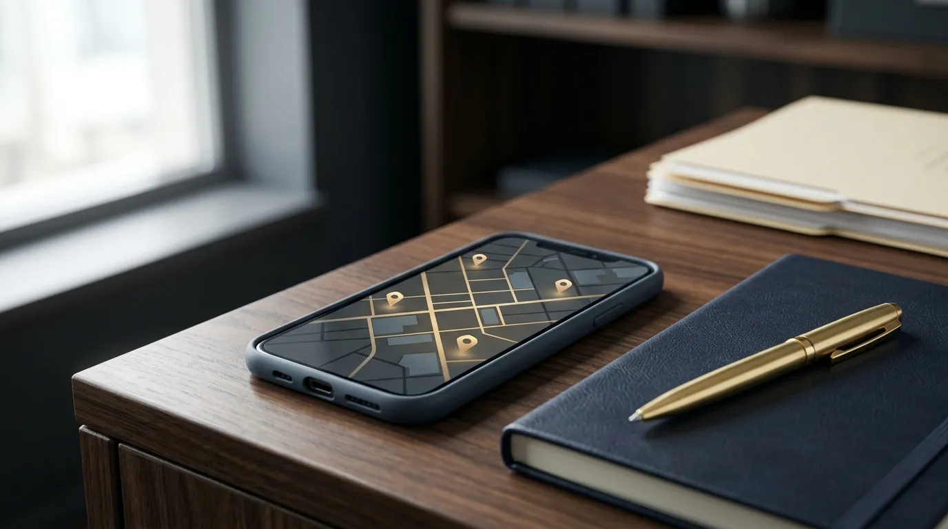 Smartphone showing a map with location pins on a law office desk beside a notebook and pen