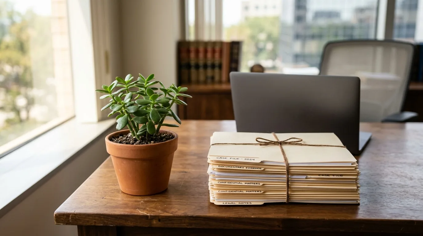 Small potted plant growing beside a stack of case files and a laptop on a law office desk