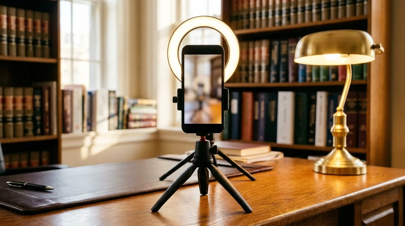 A smartphone on a tripod in a law office, set up to record a short video, with law books and a desk lamp behind it