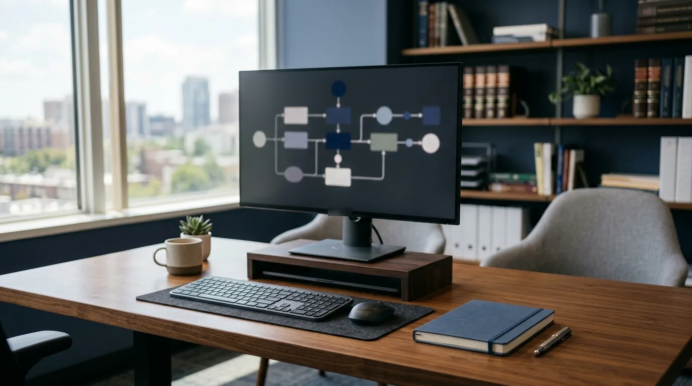 Tidy law office workstation with a monitor showing a blurred workflow diagram, a notebook and a pen