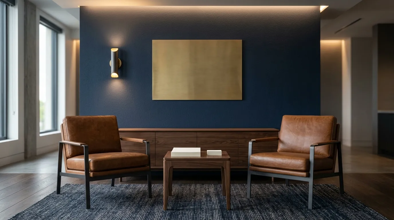 Law firm reception area with a blank nameplate wall, leather chairs and warm lighting