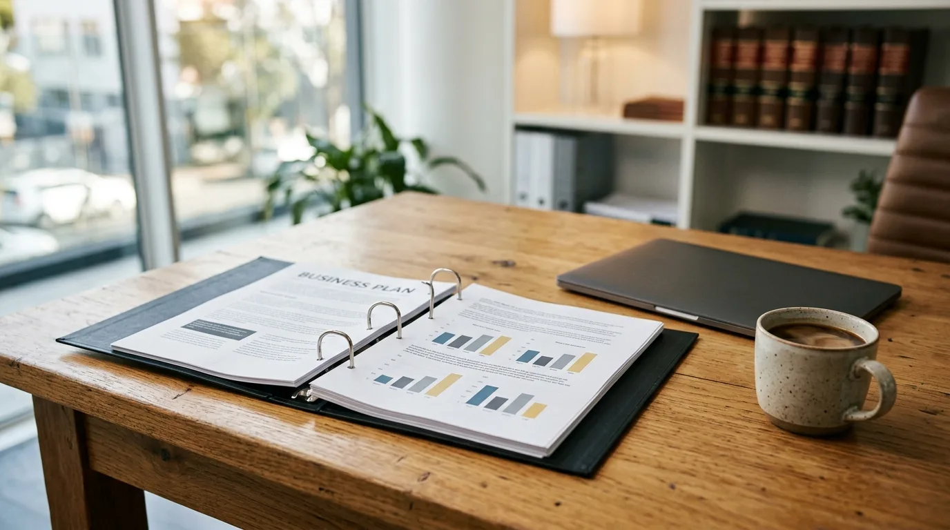Open binder with a printed plan and charts on a law office desk beside a laptop and a cup of coffee