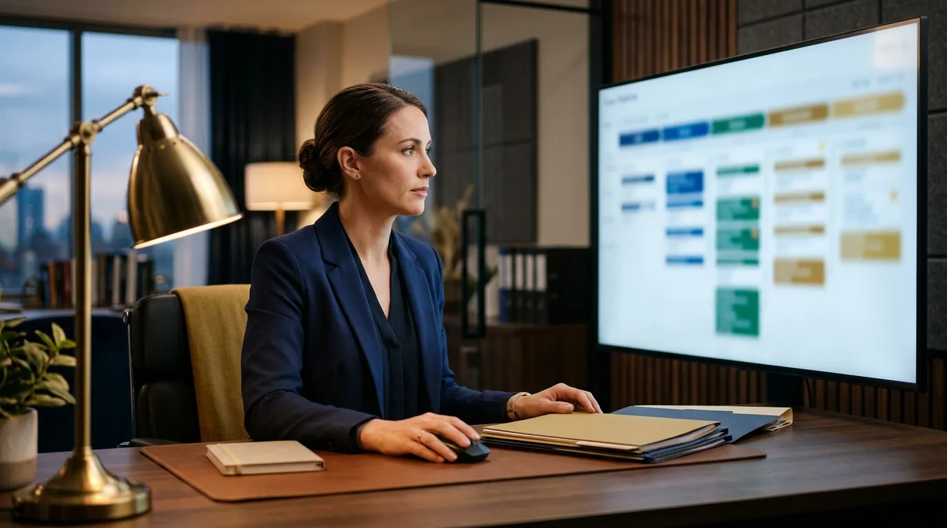 Law firm case manager reviewing a pipeline of client files on a monitor