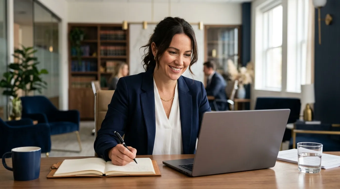 Law firm staff member writing a client email at a desk in a bright office
