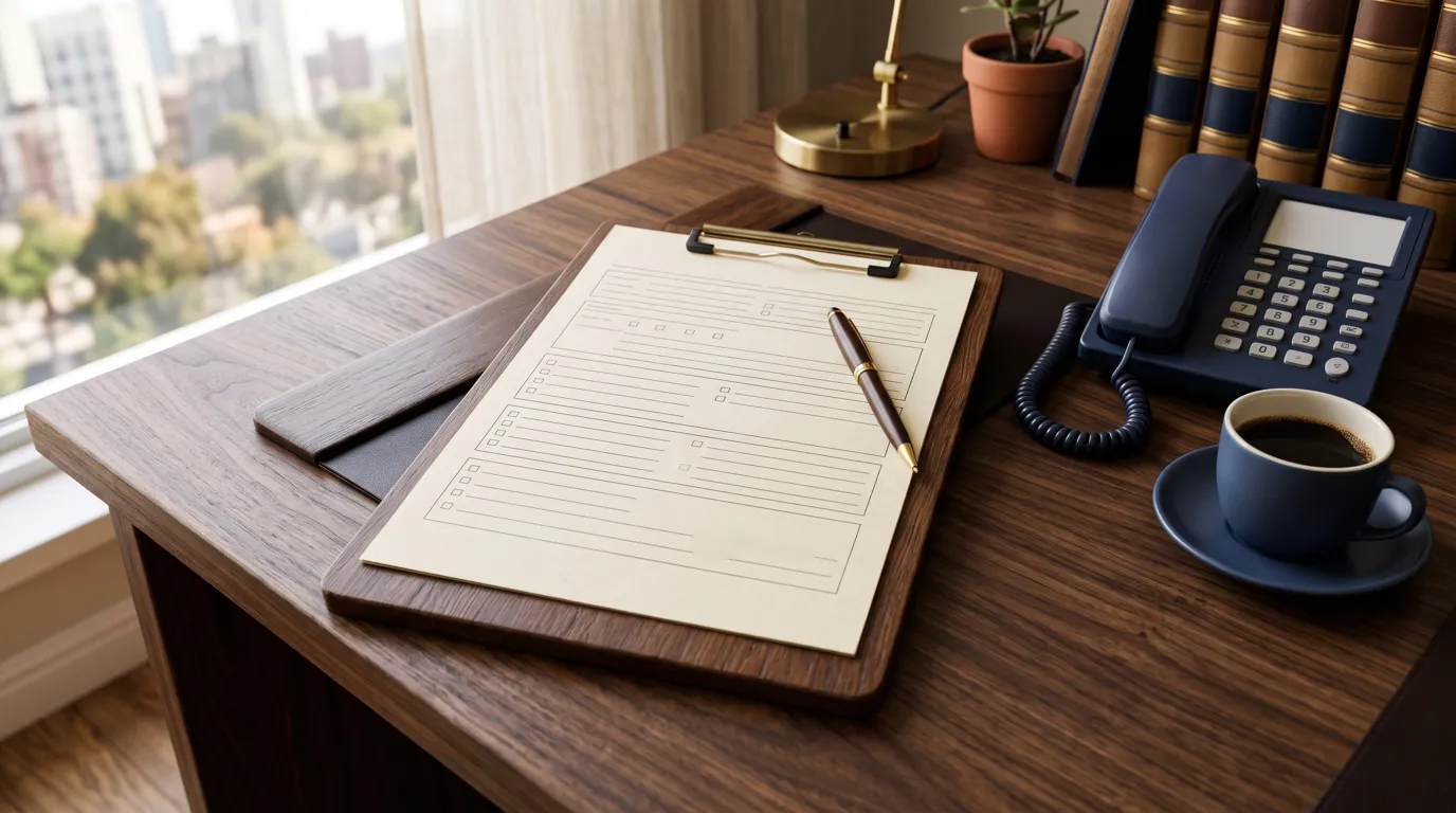 A clipboard holding a blank intake questionnaire beside a pen on a law office desk