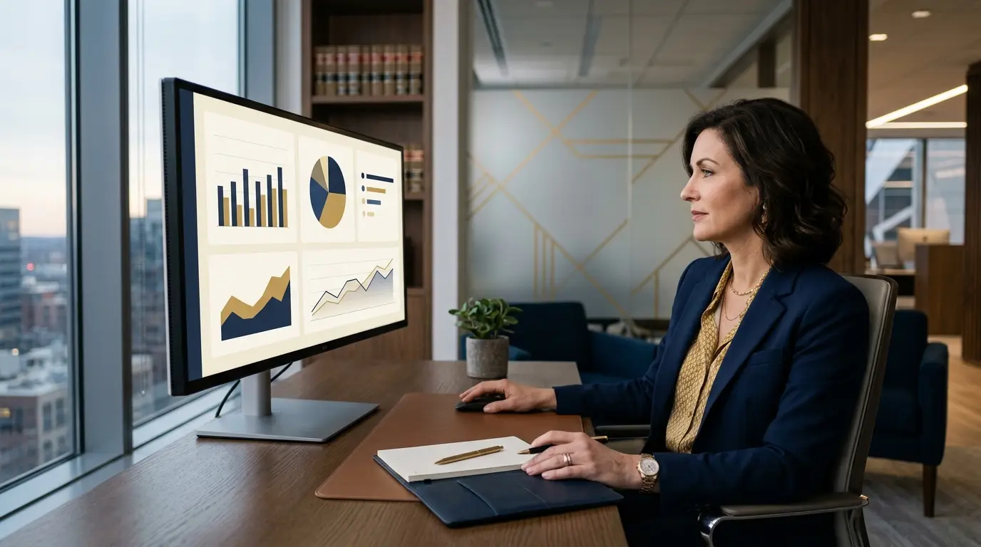 Law firm partner reviewing business charts on a monitor in a law office