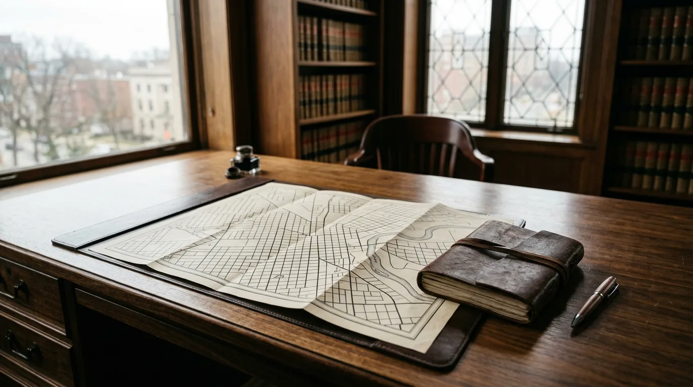 Wooden law office desk with an unfolded paper city map, a leather notebook and a pen beside a window