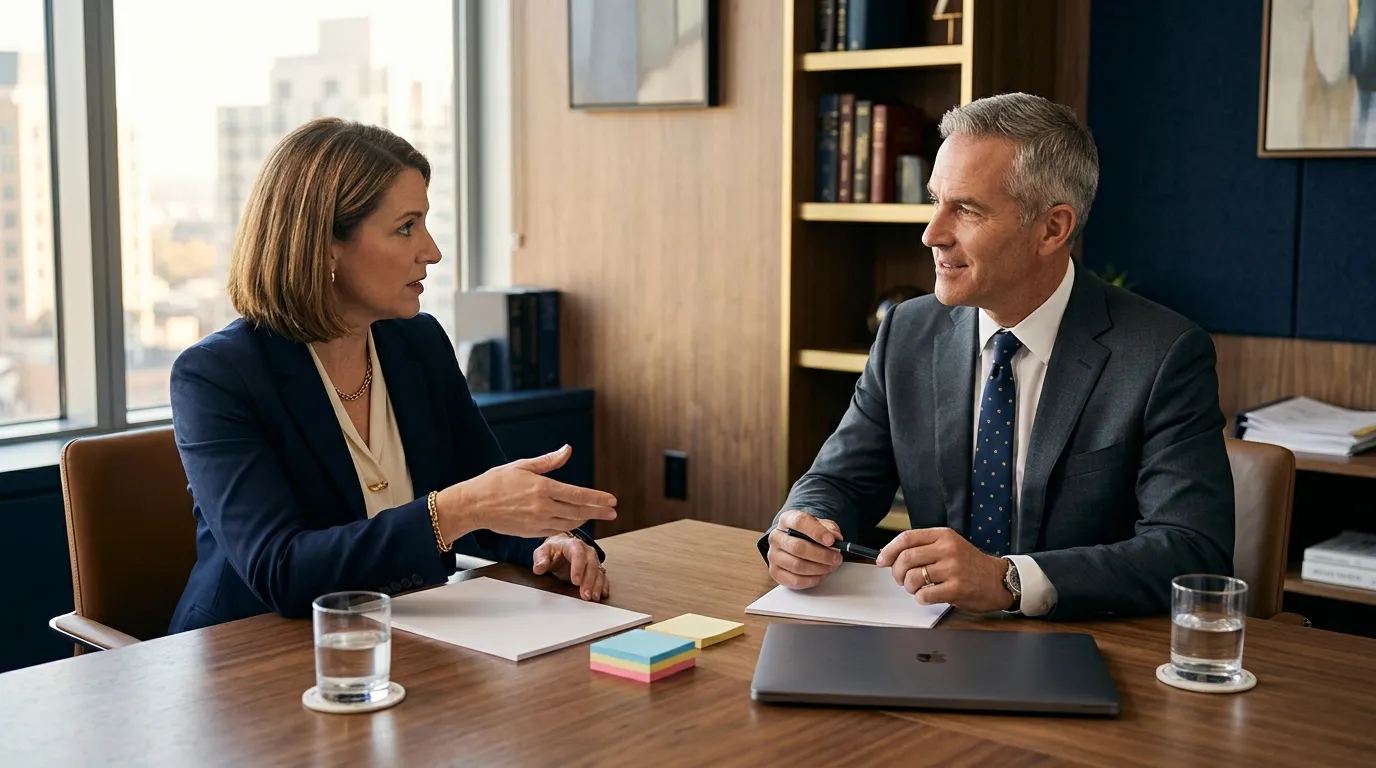 Law firm partners discussing a marketing plan at a conference table
