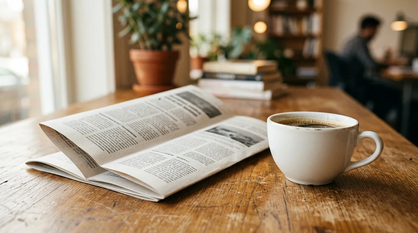 A folded printed newsletter and a cup of coffee on a wooden office desk