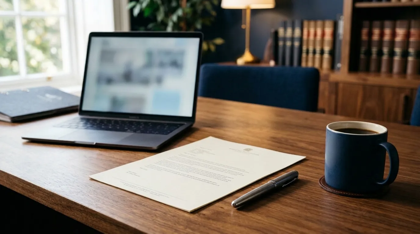 A law office desk with a printed announcement, a laptop showing a news page, a pen and a cup of coffee