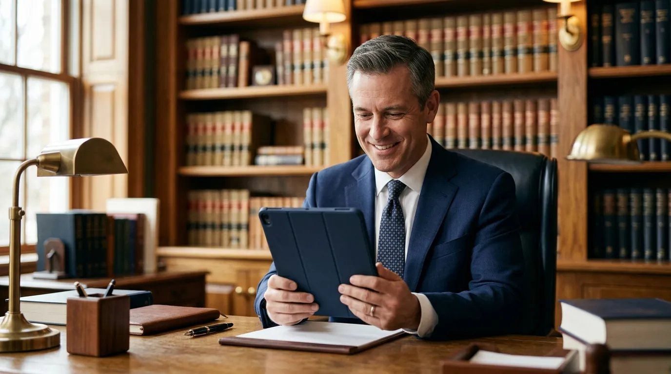 Attorney reading client reviews on a tablet in a law office