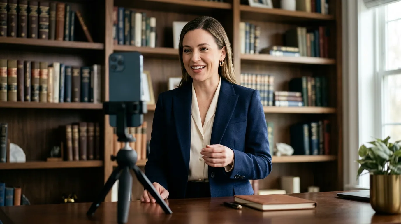 Attorney recording a short video for the firm's social media in a law office