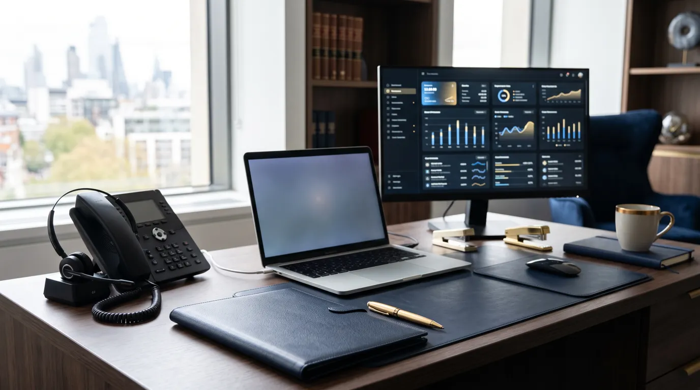 A law office desk with a laptop, a monitor showing a dashboard, a desk phone with a headset and a leather folder