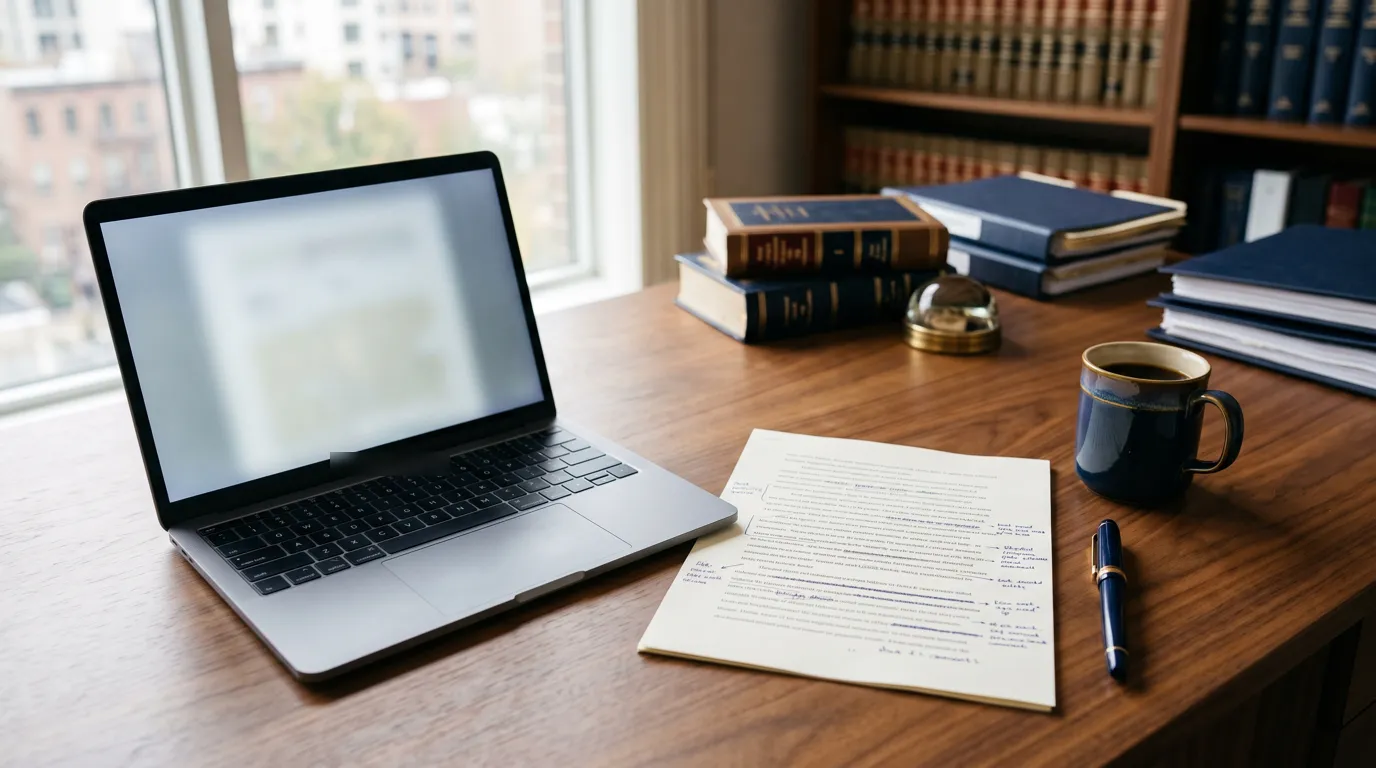 A law office desk with an open laptop and a printed page draft covered in handwritten edits