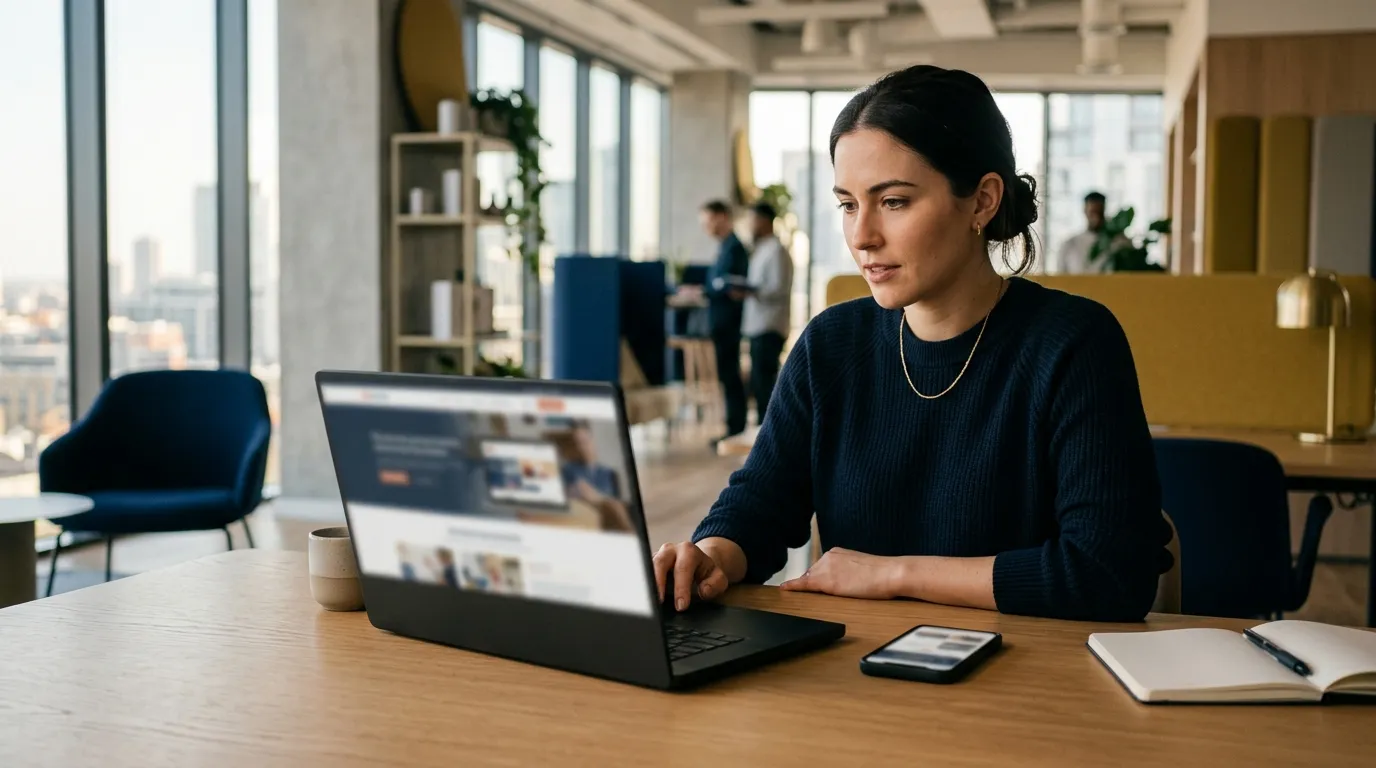 Designer reviewing a law firm website layout on a laptop and a phone