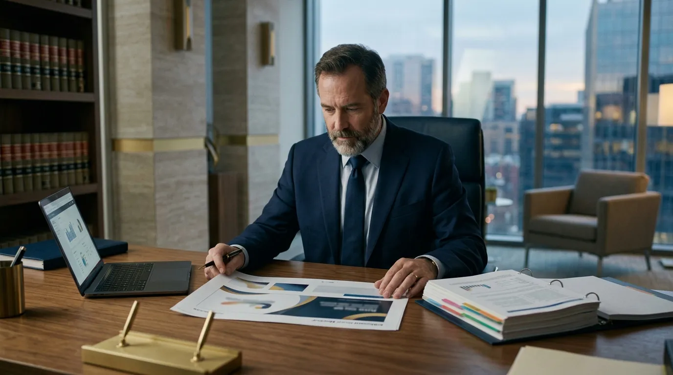 Attorney reviewing an advertising proof at a desk with a rules binder open beside it