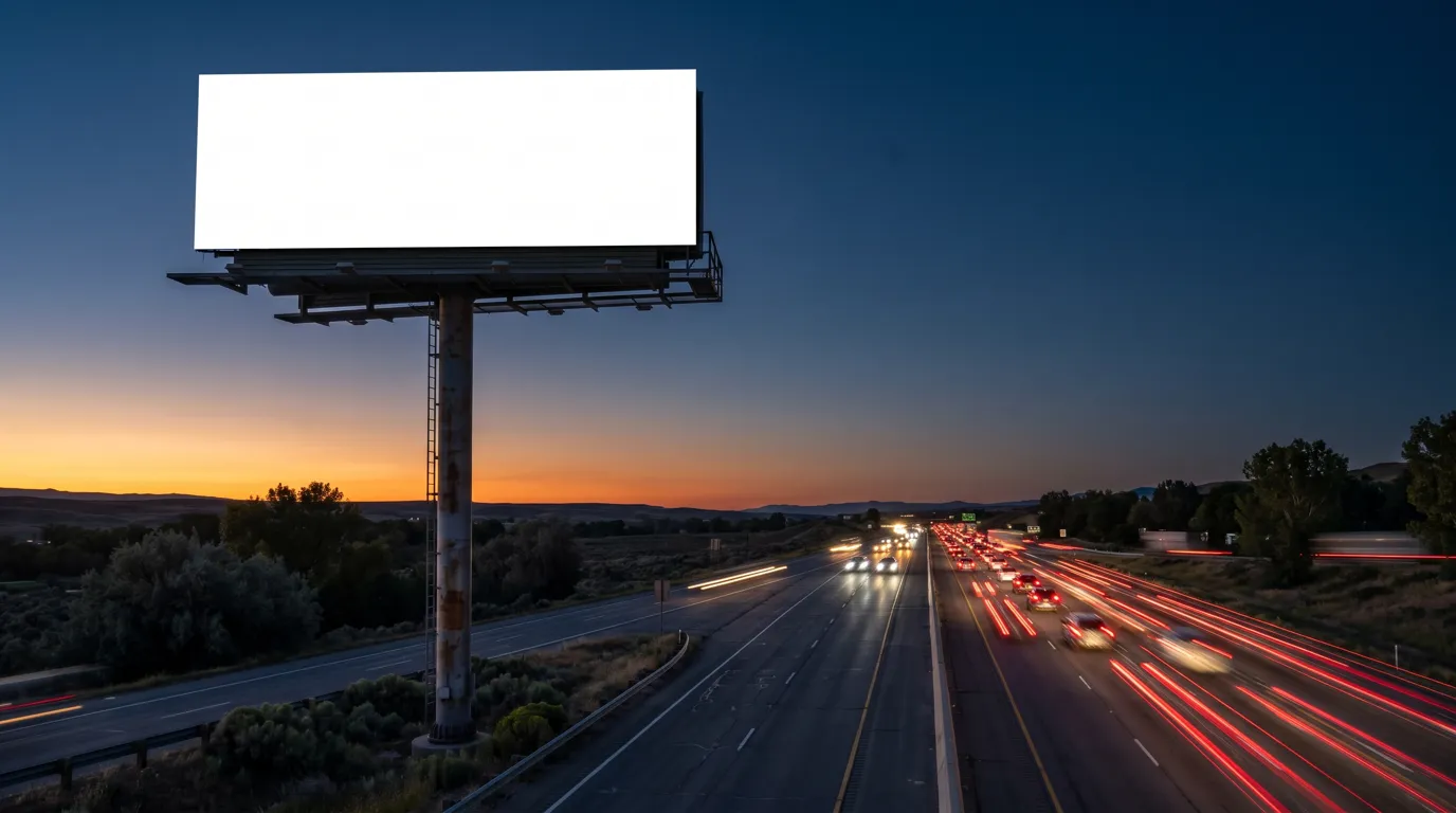 A blank roadside billboard above a highway at dusk with traffic passing below