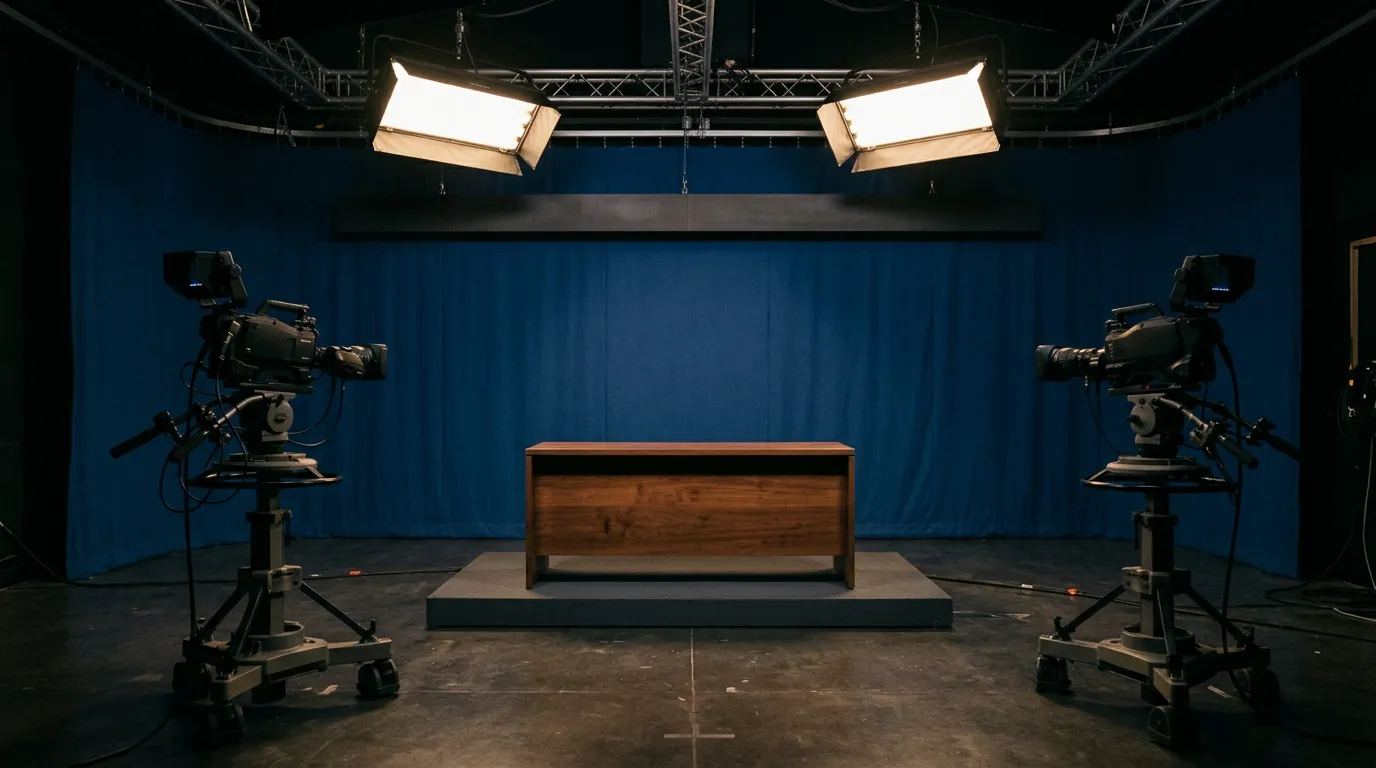 An empty television studio set with unbranded cameras and lights aimed at a plain desk
