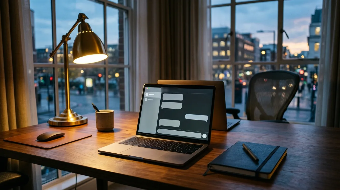 Laptop on a law office desk beside a notebook and pen, with a blank chat window on the screen