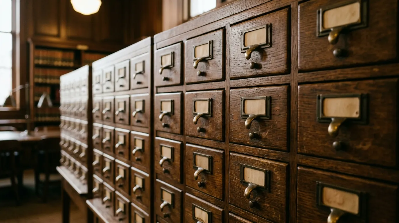 Rows of wooden index card drawers in a quiet law library
