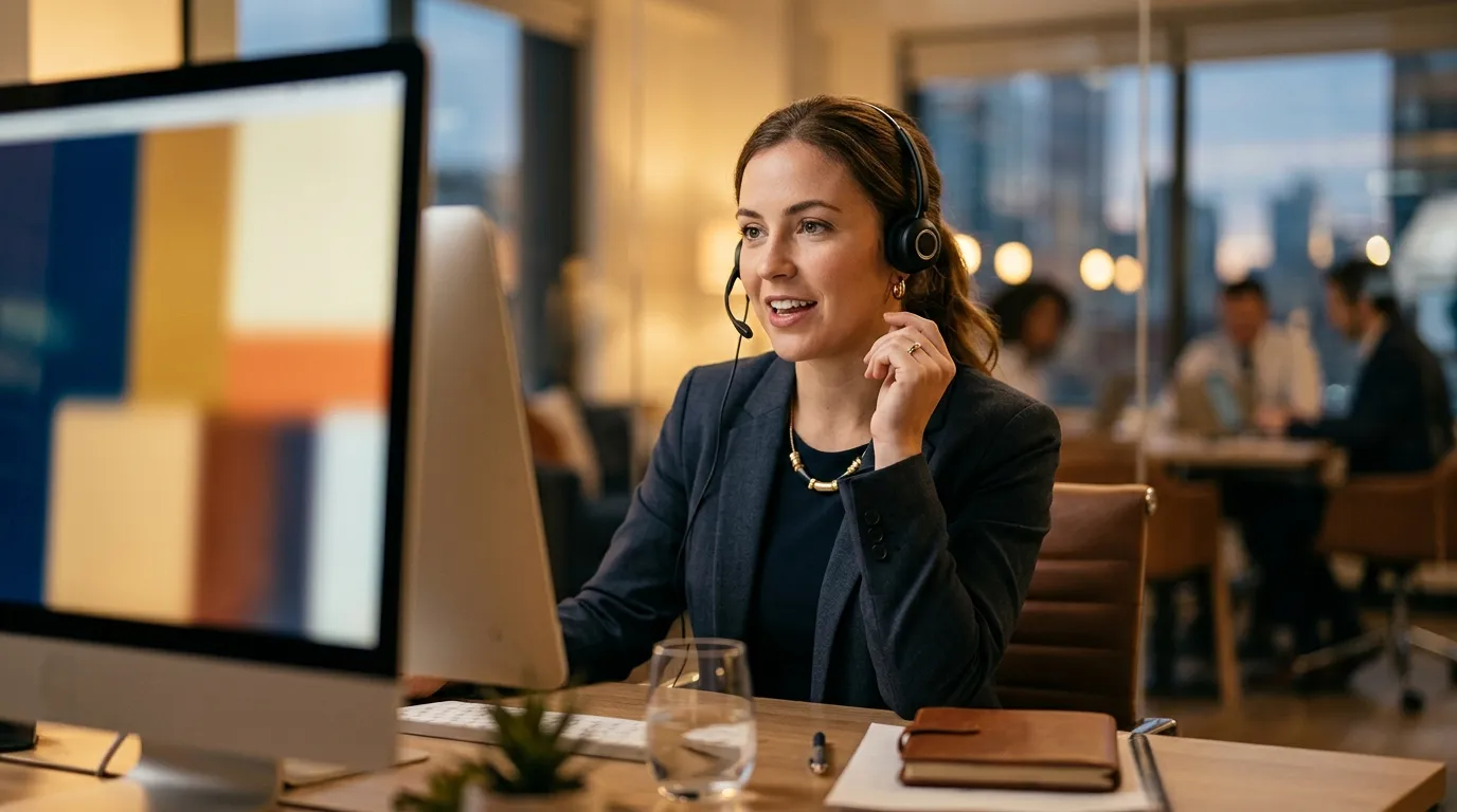 Law firm intake coordinator on a call with a headset at her desk