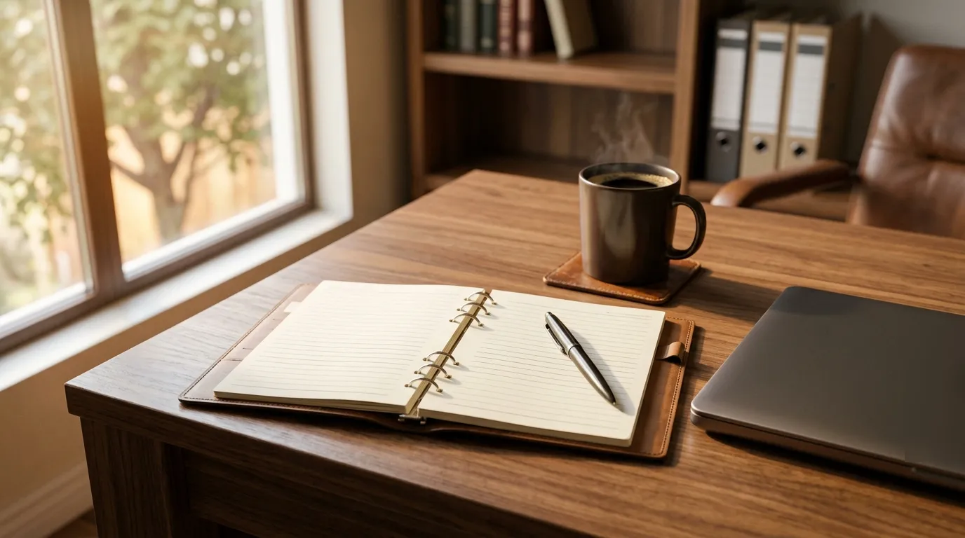 Open planner and laptop on a law office desk, with a pen and a cup of coffee beside them
