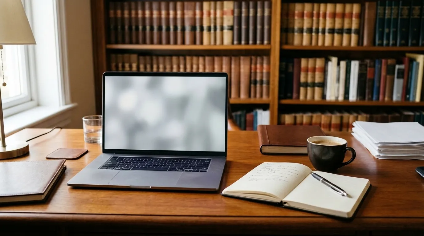 A wooden desk in a law office with an open laptop, a notebook and pen, a cup of coffee and shelves of law books behind