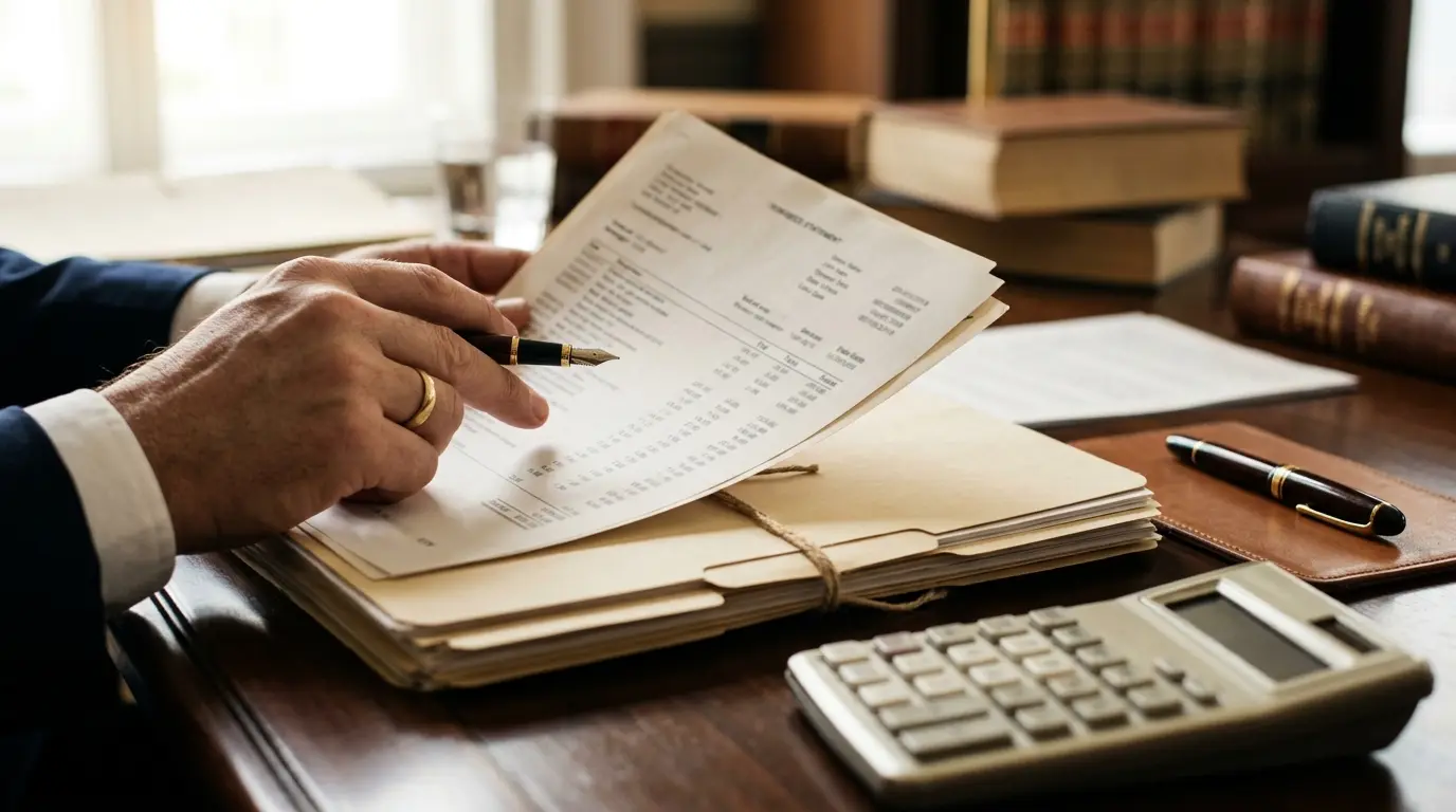 Attorney reviewing an itemized medical statement beside case folders and a calculator