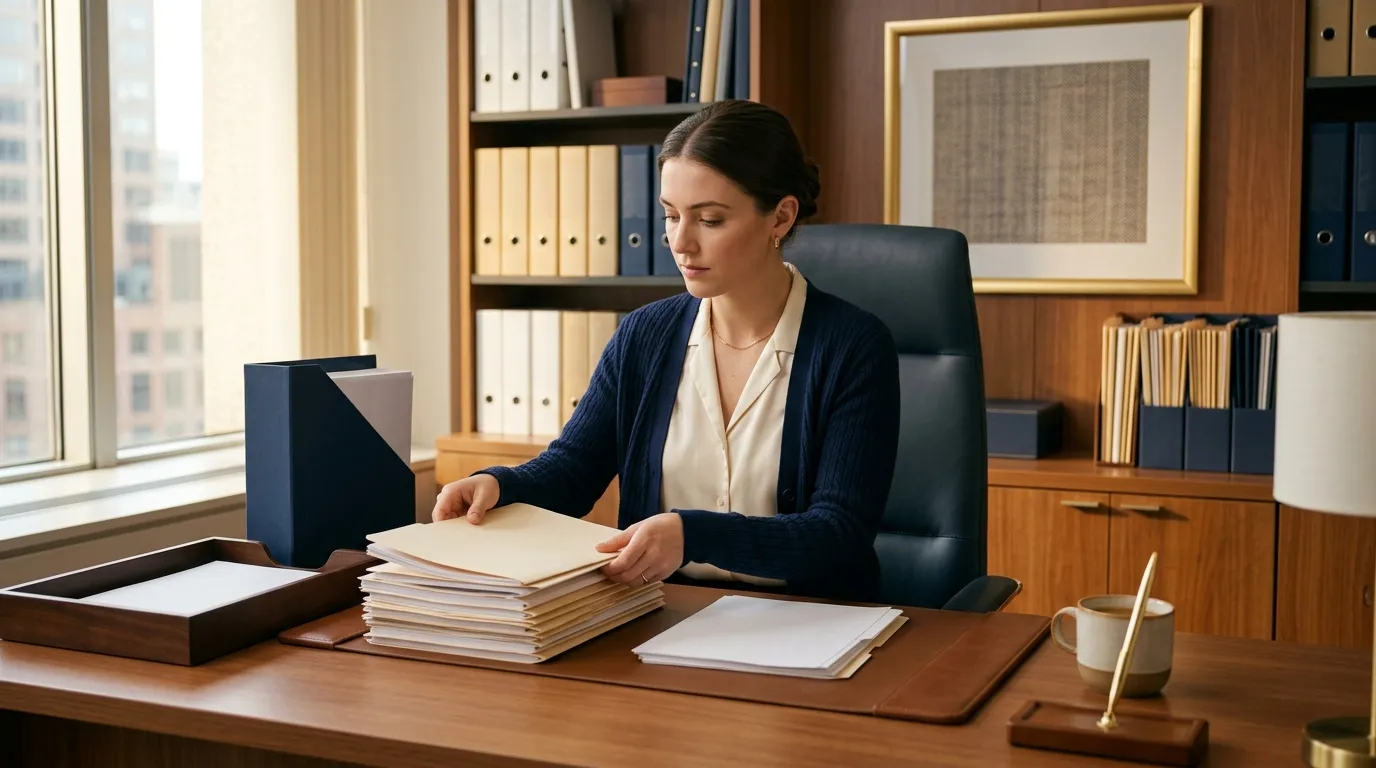 Paralegal organizing medical record folders at a law firm desk
