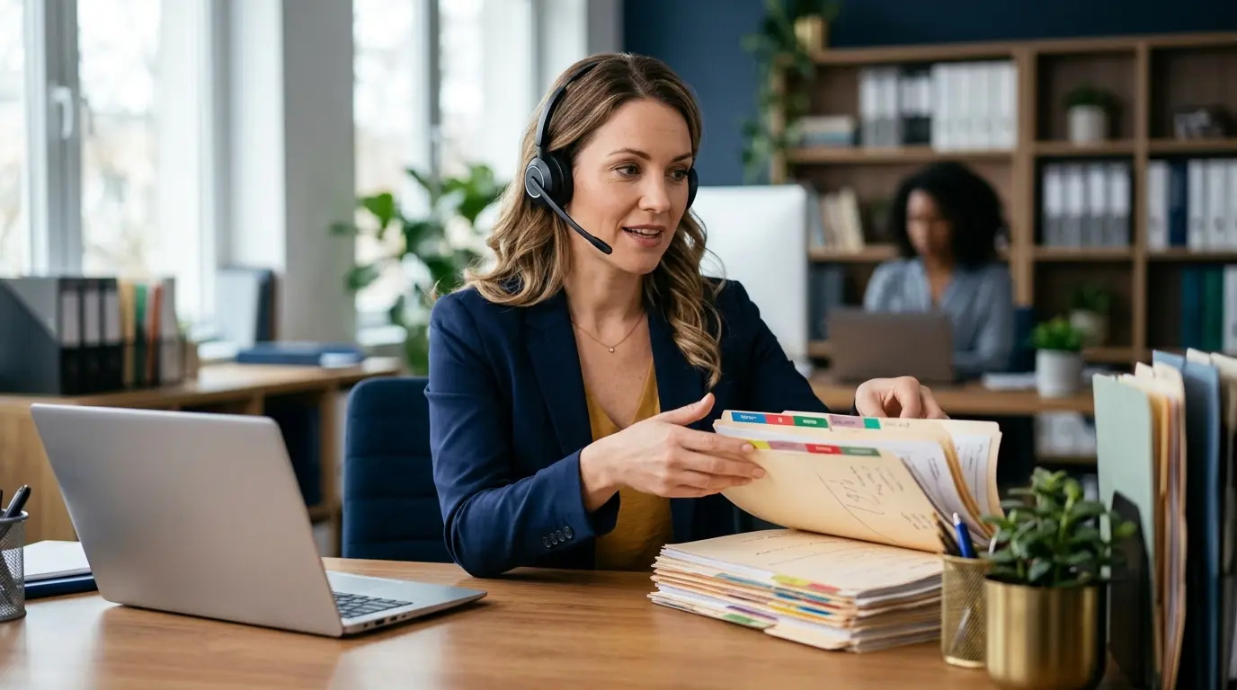 Case manager on a headset organizing client files at a law firm desk