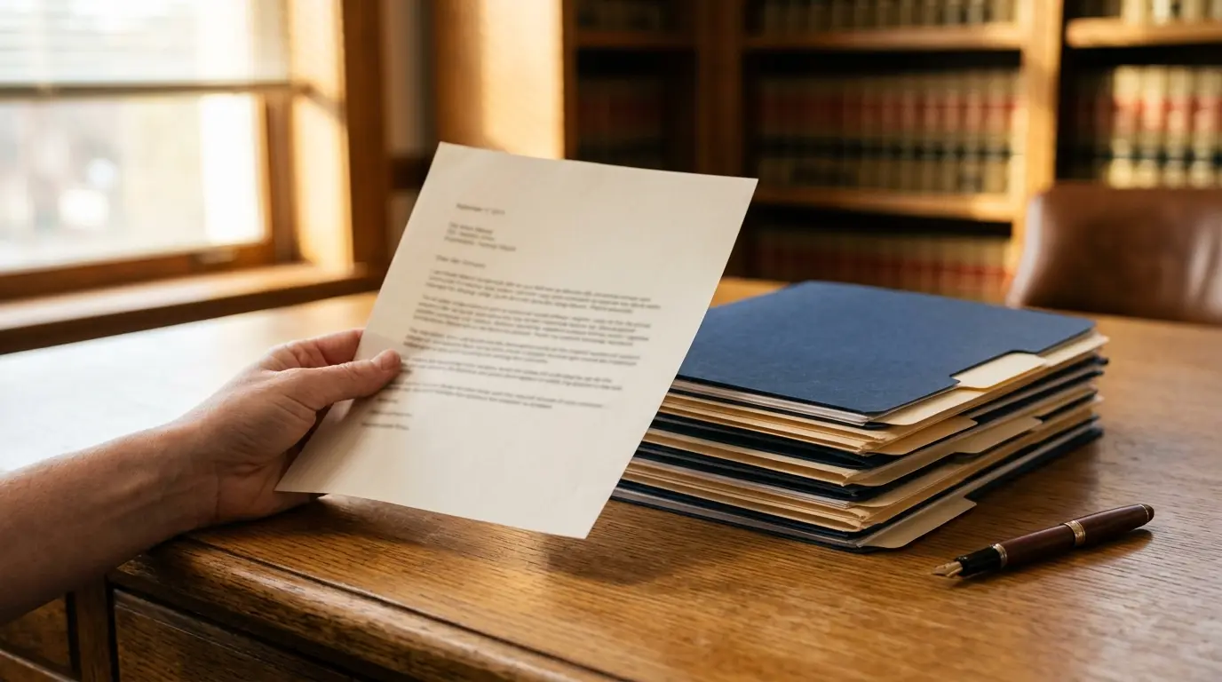 Attorney reviewing a demand letter beside a stack of case folders