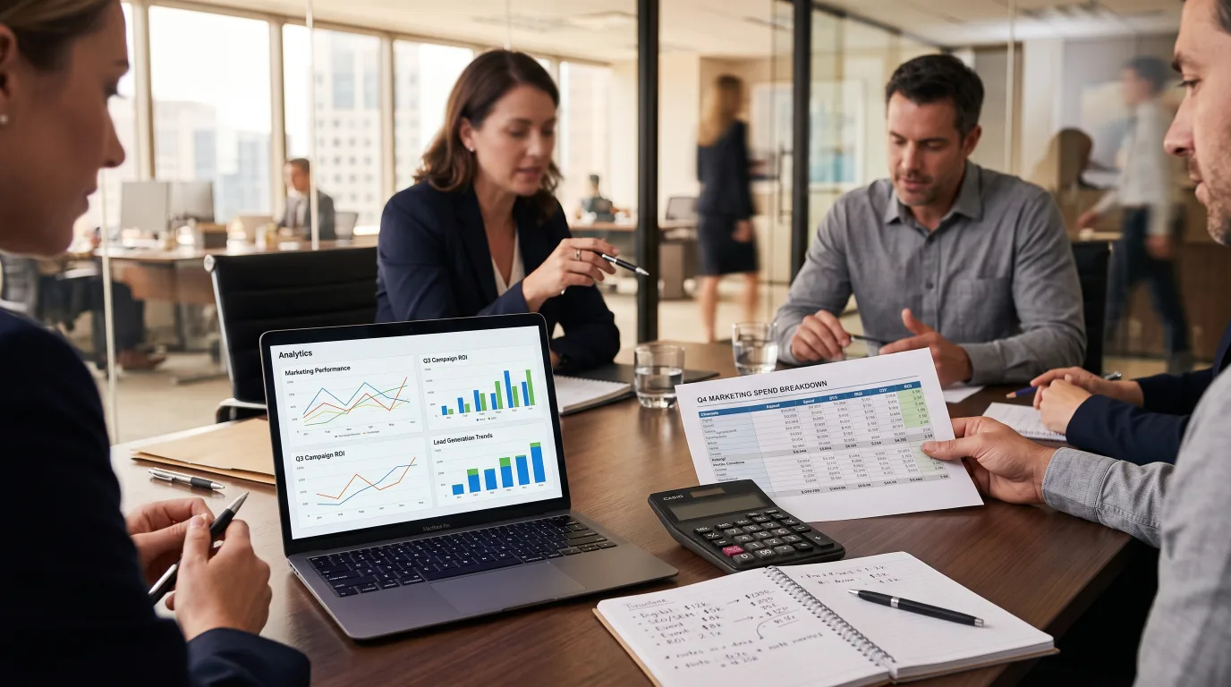 Law firm team reviewing marketing spend and campaign performance in a planning meeting