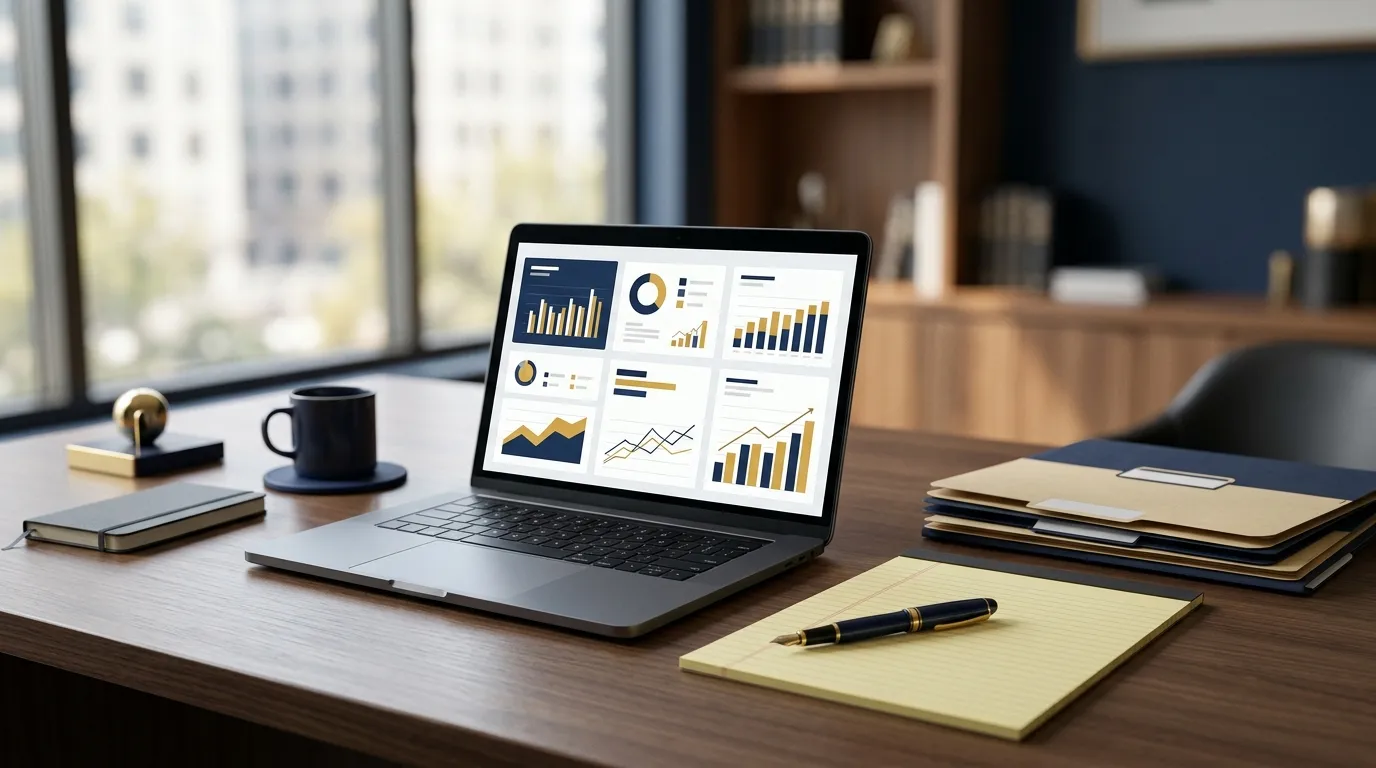 Laptop showing a search advertising dashboard on a law office desk beside a legal pad