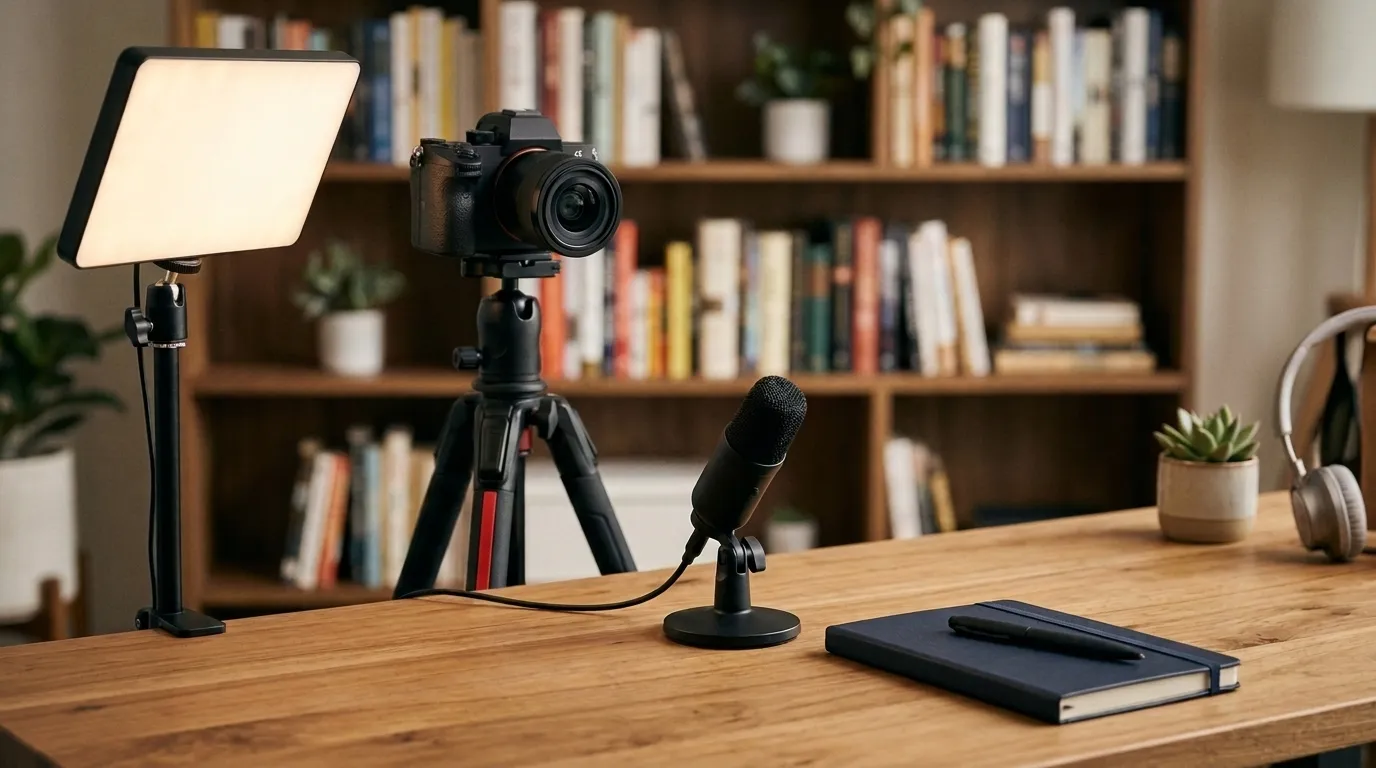 A plain desk set up for recording a video, with an unbranded camera on a tripod, a microphone and soft lights